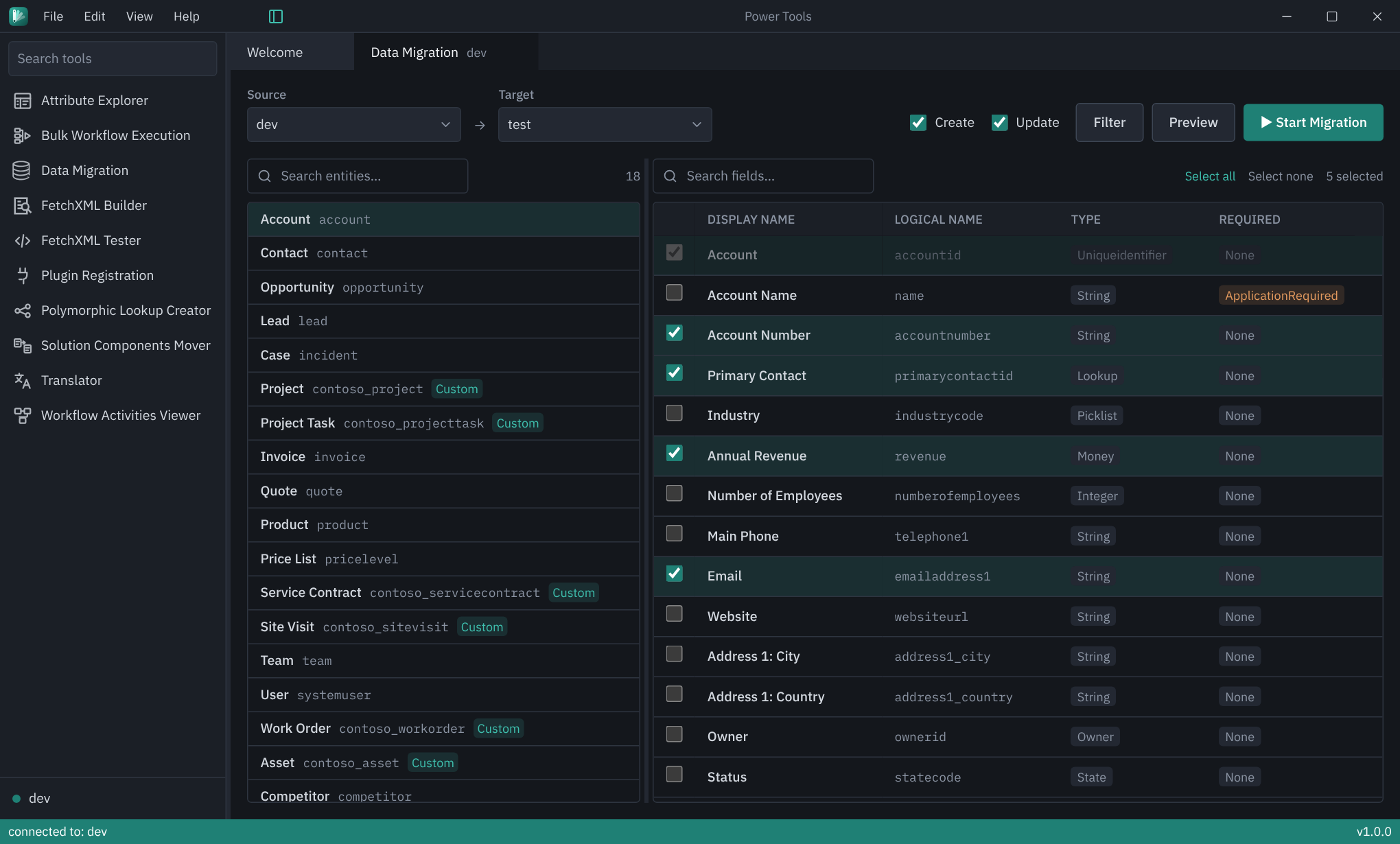 PowerTools Data Migration tool comparing fields between a dev and a test environment
