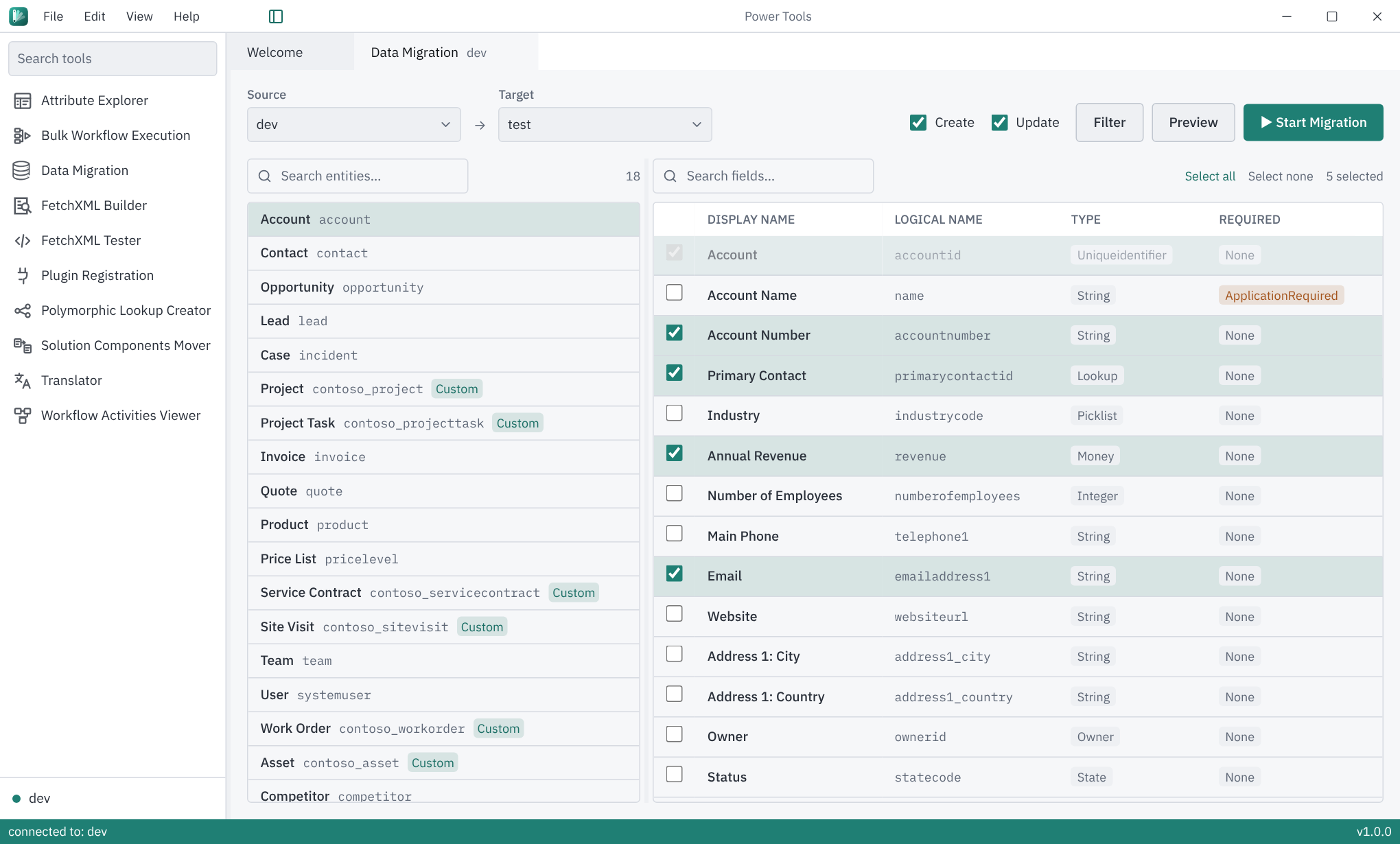 PowerTools Data Migration tool comparing fields between a dev and a test environment